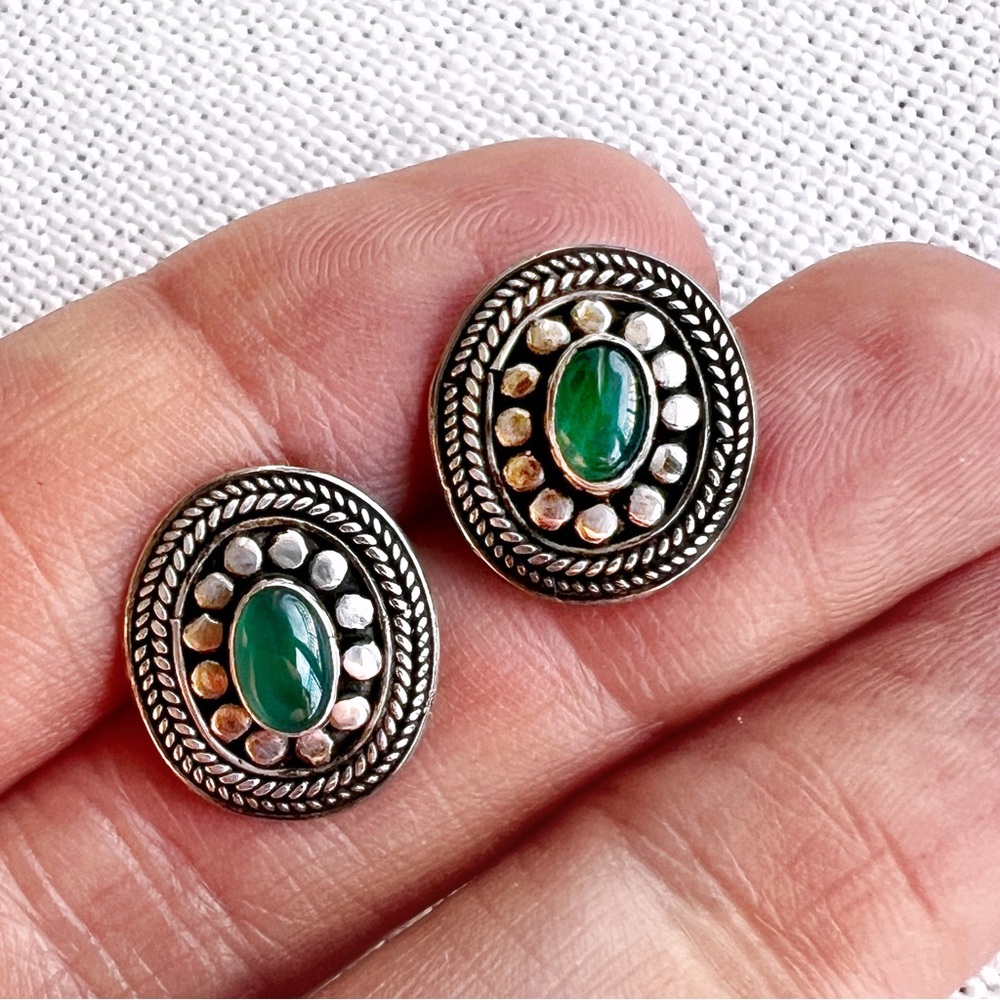 Oval Green Gemstone and Sterling Silver Tribal Ornate Stud Post Earrings - Picture 1 of 3
